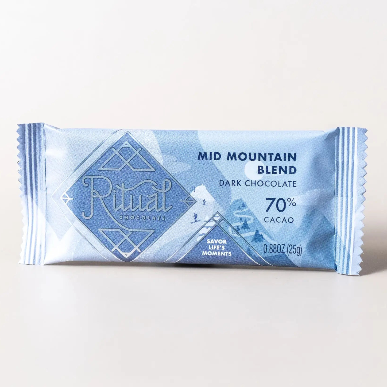 Chocolate bar with 'Mid Mountain Blend' packaging on a light background