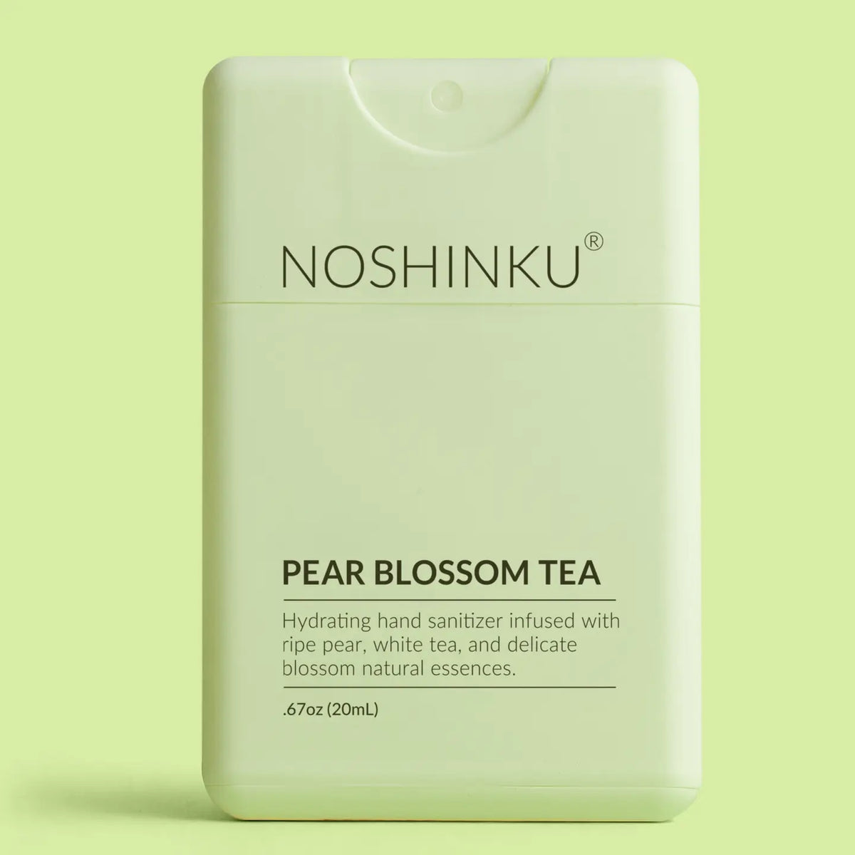 Noshinku Pear Blossom Tea hand sanitizer on a light green background
