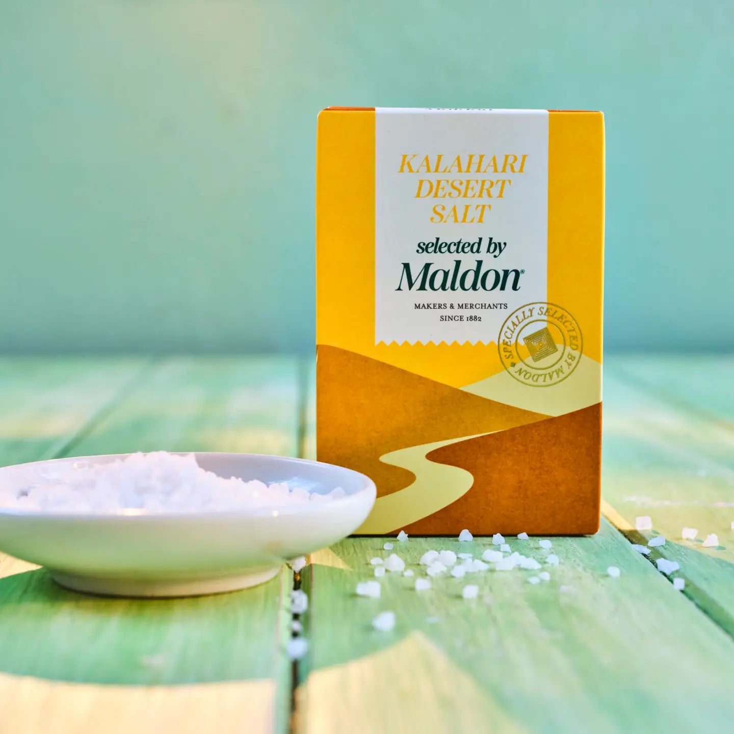 Box of Kalahari Desert Salt by Maldon on a green background