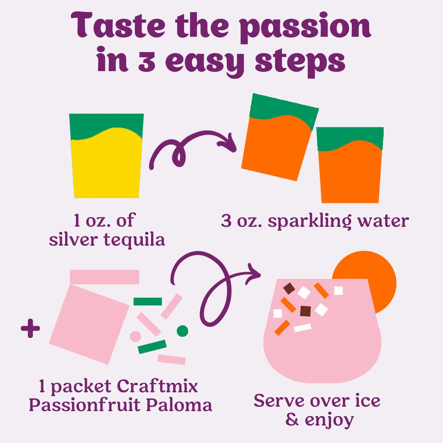 Instructions for making a passionfruit paloma cocktail with tequila and sparkling water.