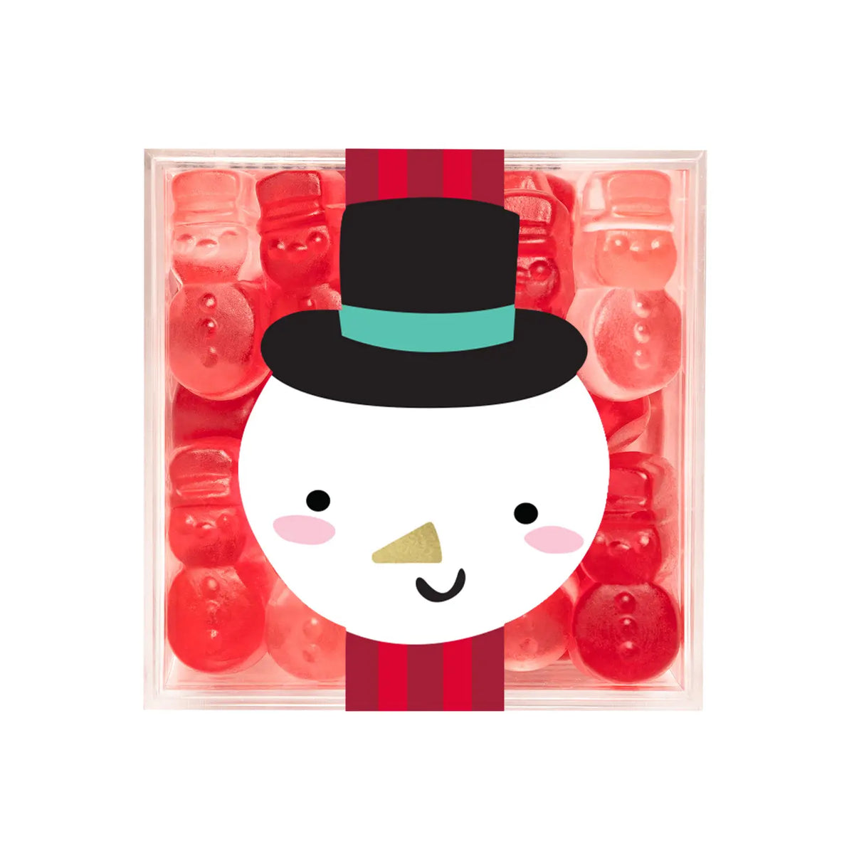 A square clear plastic container filled with red gummy candies, featuring a large cartoon snowman face with a black top hat, red striped scarf, pink cheeks, and a gold nose on the front.