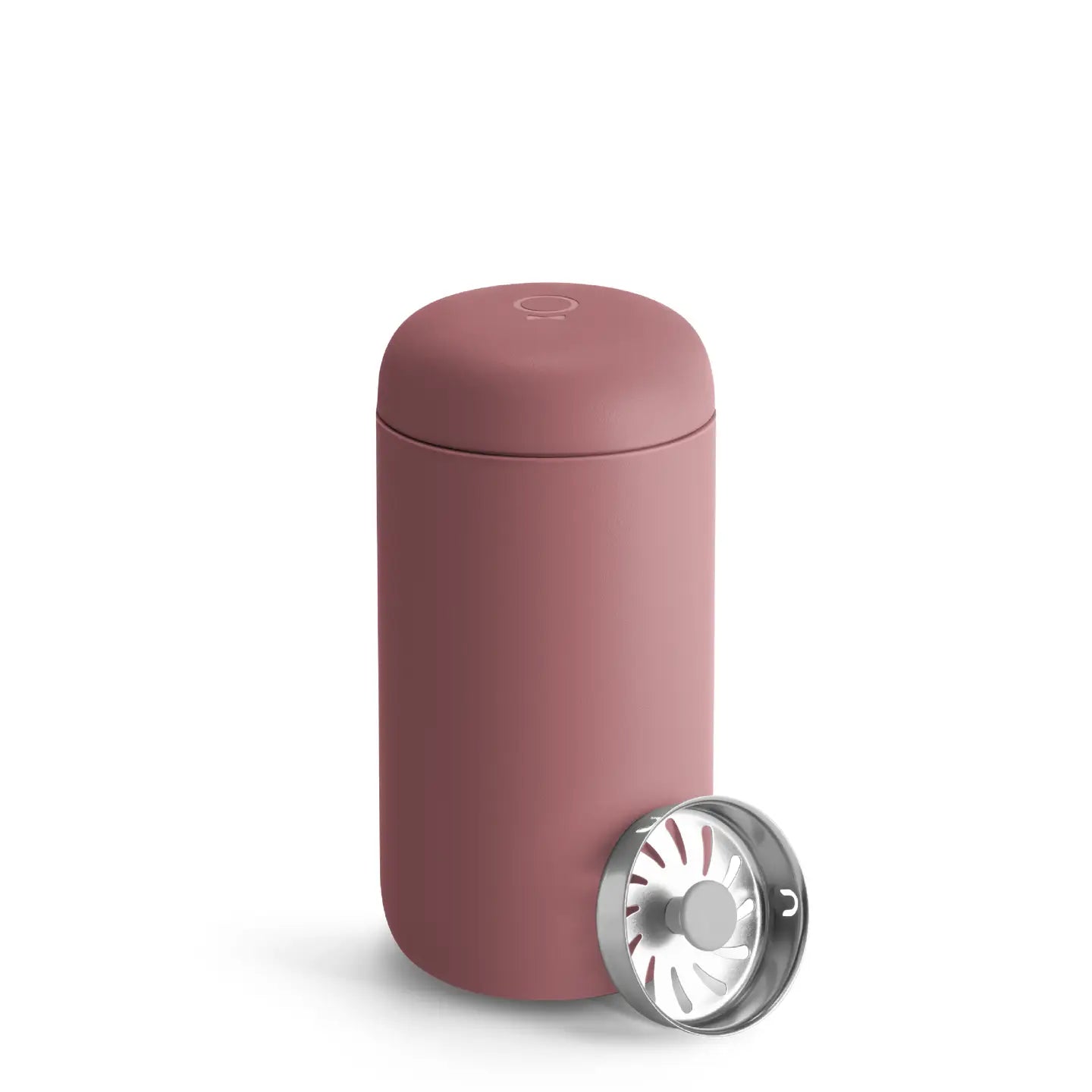Pink thermos with silver base on a white background