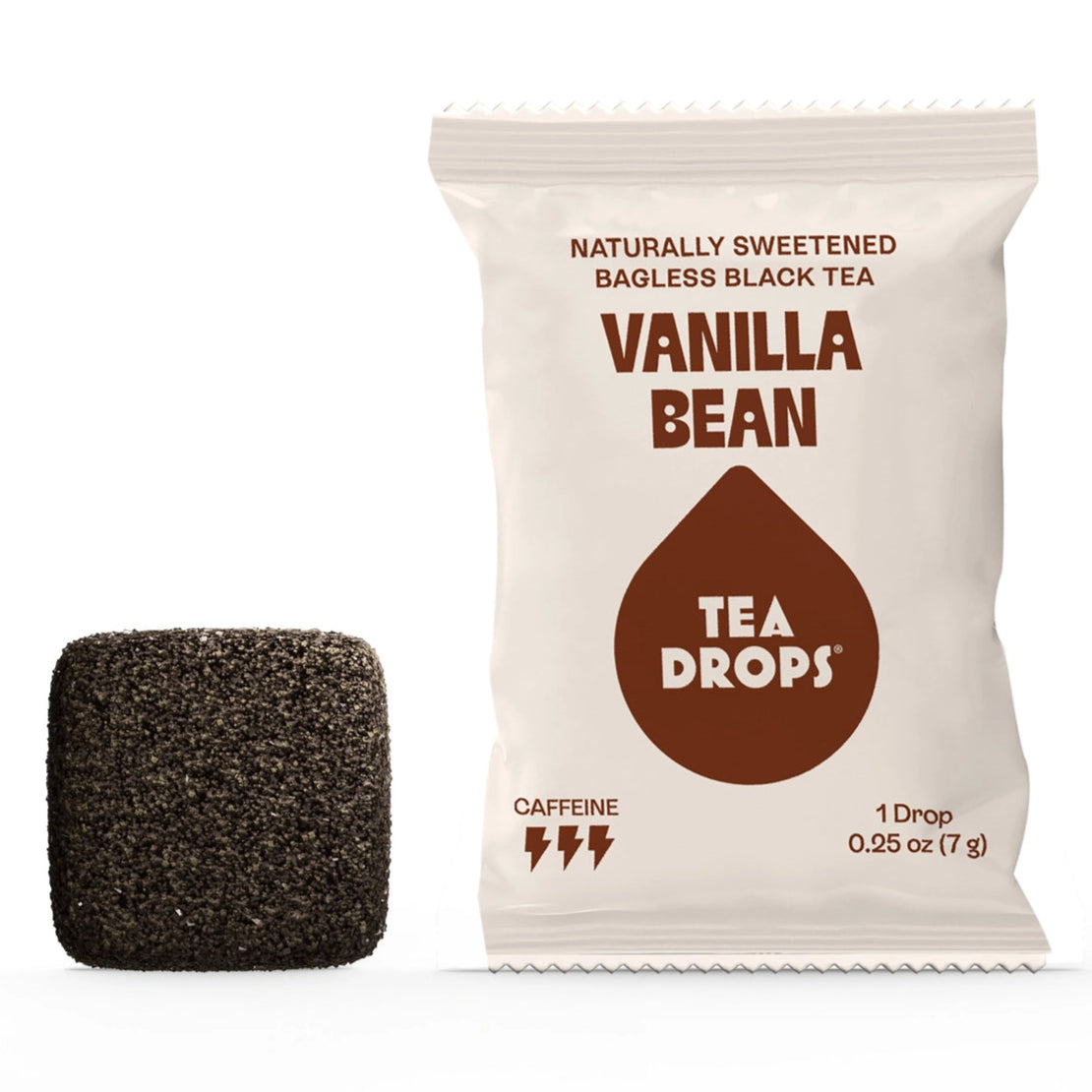 Tea Drops vanilla bean tea package with a black tea bag on a white background