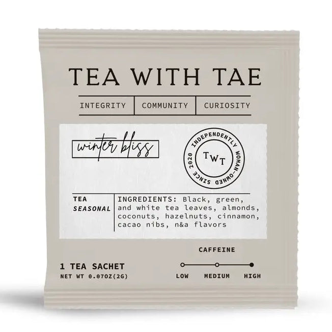 tan tea bag that says tea with tae winter bliss