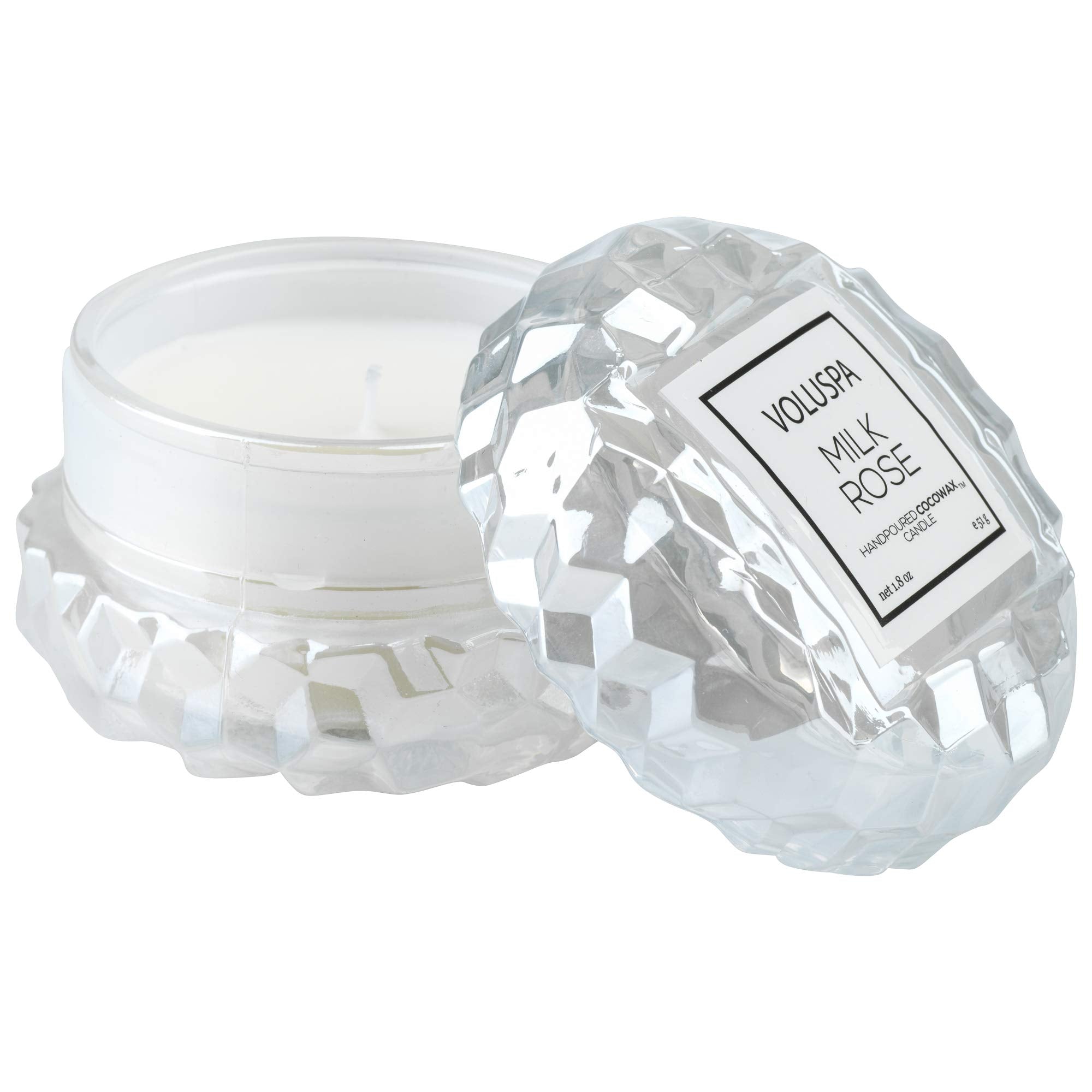 Crystal candle with 'VOLUSPA Milk Rose' label on a white background