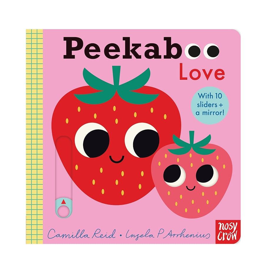 Peekaboo Love baby board book by Juicy Livy, featuring a pink cover with cartoon strawberries and a small mirror illustration.