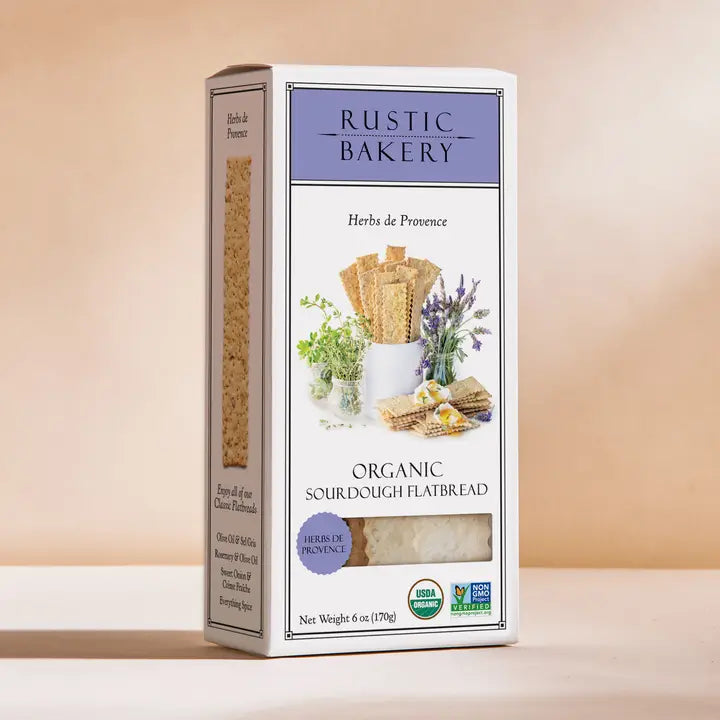 Box of Rustic Bakery Organic Sourdough Flatbread on a beige background