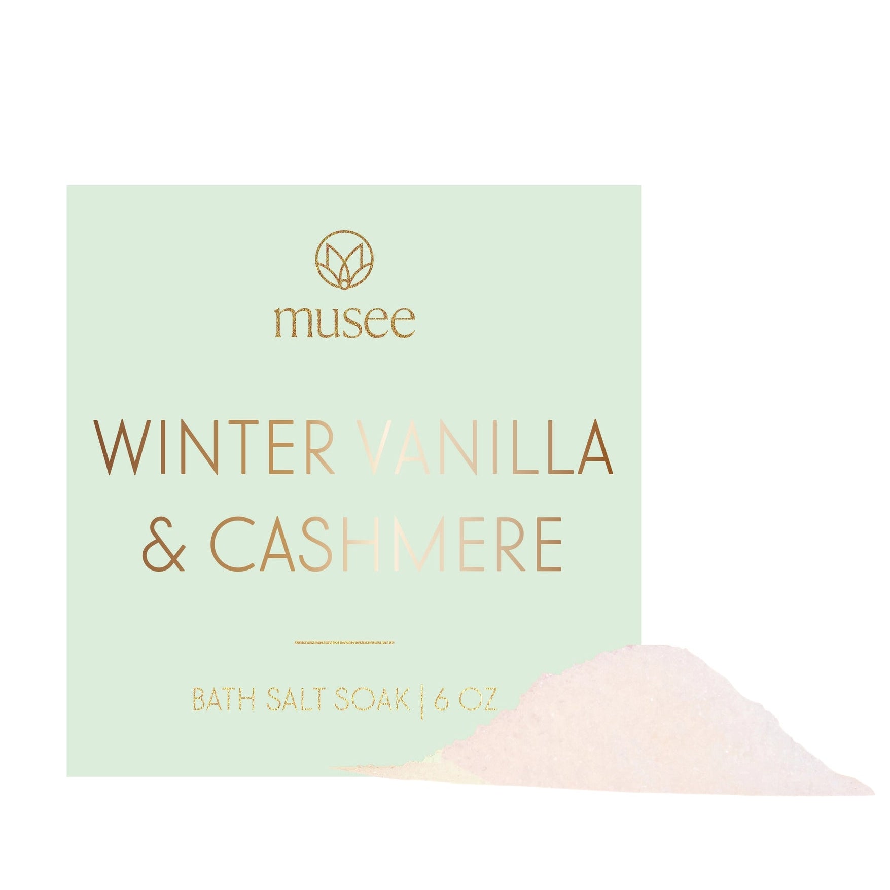 Bath salt box labeled 'Winter Vanilla & Cashmere' by musee on a light green background.