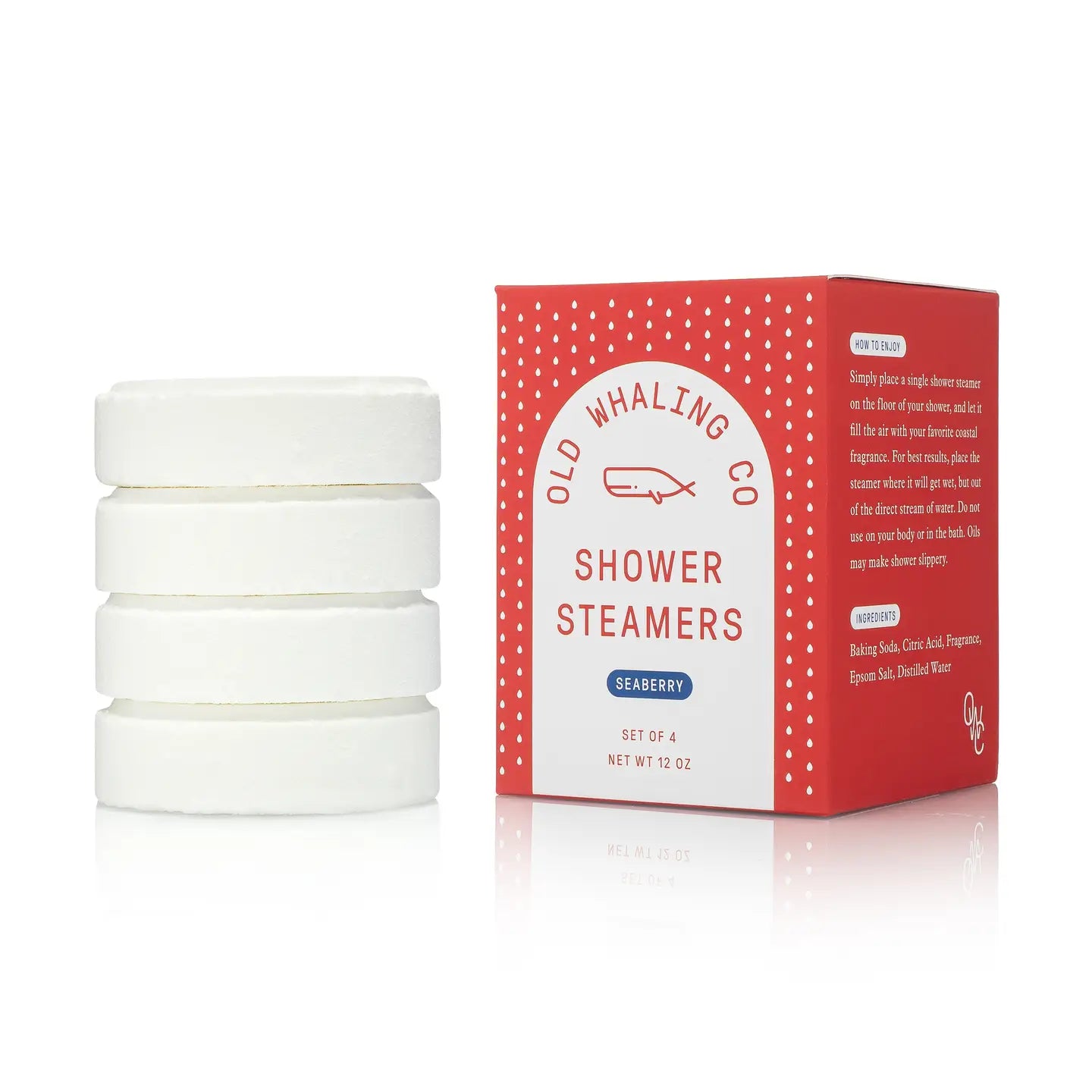 Set of white shower steamers with a red and white box labeled 'Old Whaling Co. Shower Steamers' on a white background.