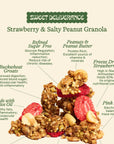 A product infographic for Sweet Deliverance Strawberry & Salty Peanut Granola on a light beige background. The image features a close-up of a granola piece with dried strawberries, peanuts, and pink salt, surrounded by callout lines and text detailing the ingredients and health benefits.