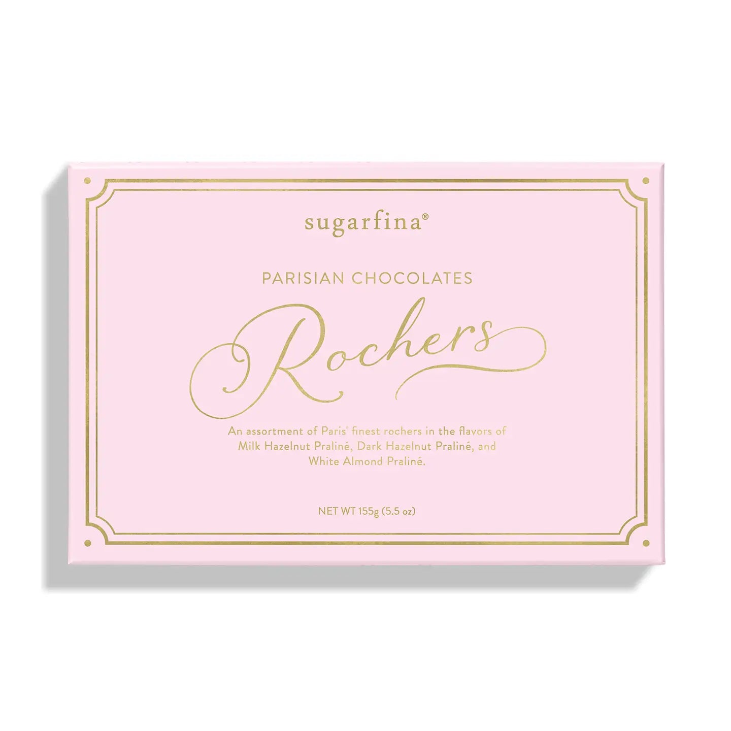 Pink packaging of sugarfina Rochers chocolates on a white background