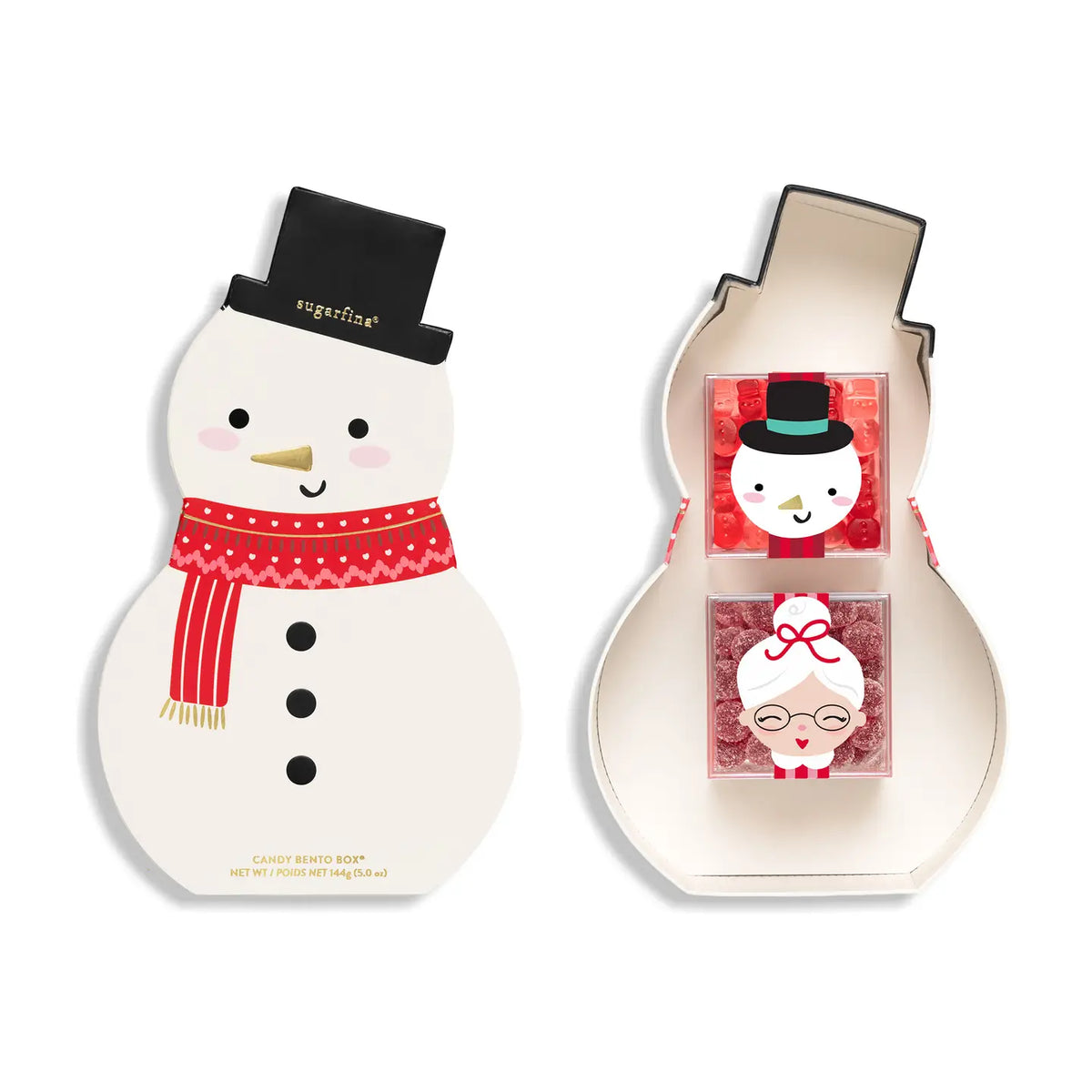 Two sugarfina snowman-shaped candy boxes on a white background, one closed and one open showing two boxes of peppermint candies.