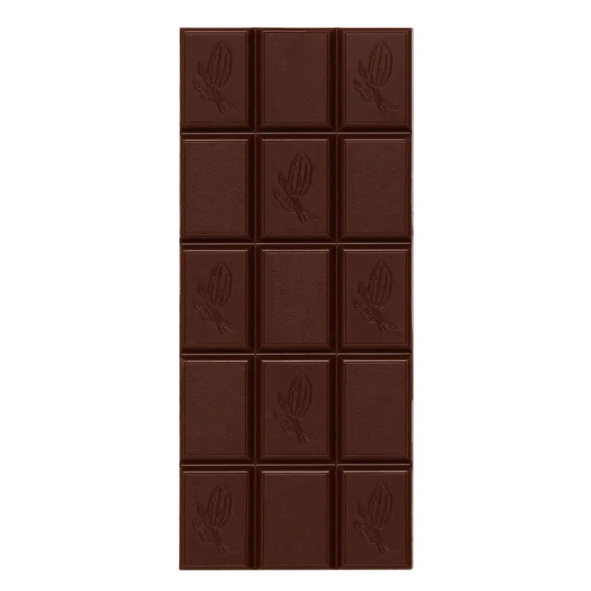 A chocolate bar with a 3x5 grid of square compartments, each embossed with a cocoa pod logo, shown on a plain white background.