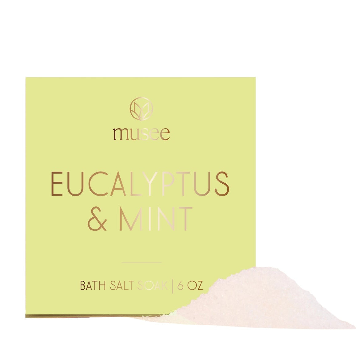 Bath salt packaging with 'Eucalyptus & Mint' text on a white background