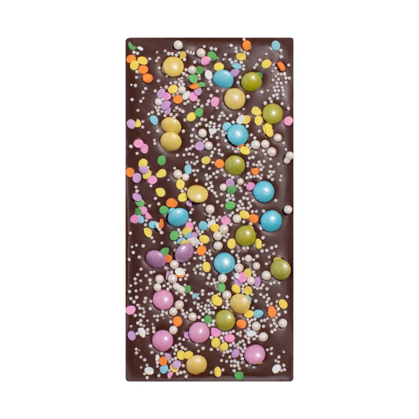 Chocolate bar with colorful candies on a white background