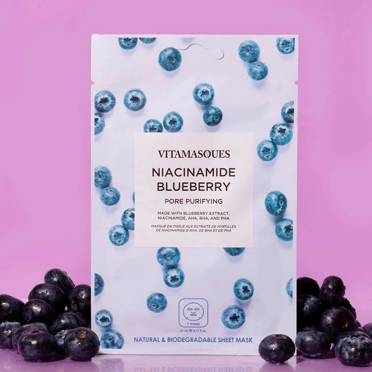 blueberry sheet mask with blueberries around it