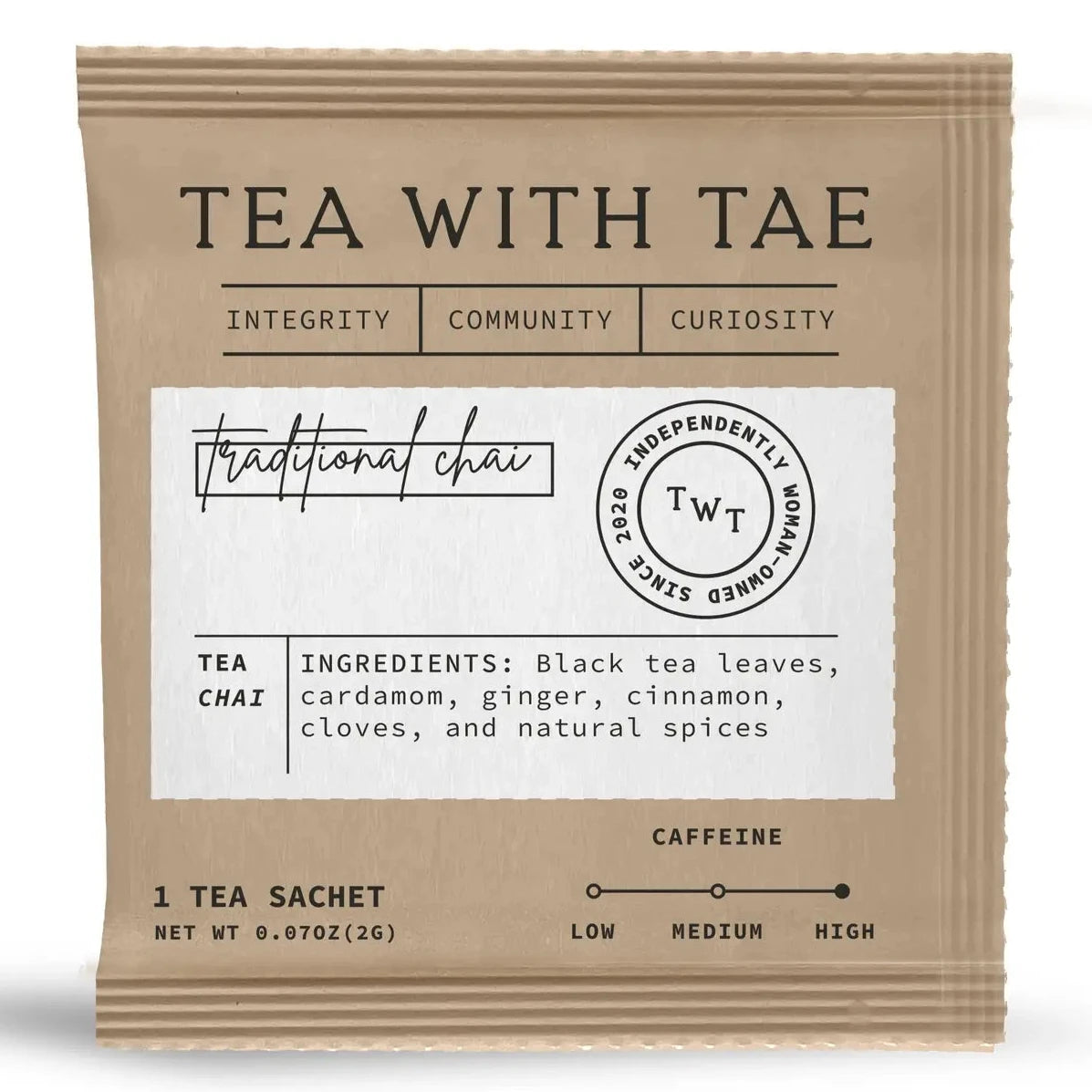 light brown chai tea sachet with white rectangle on front of package and black text on a white background