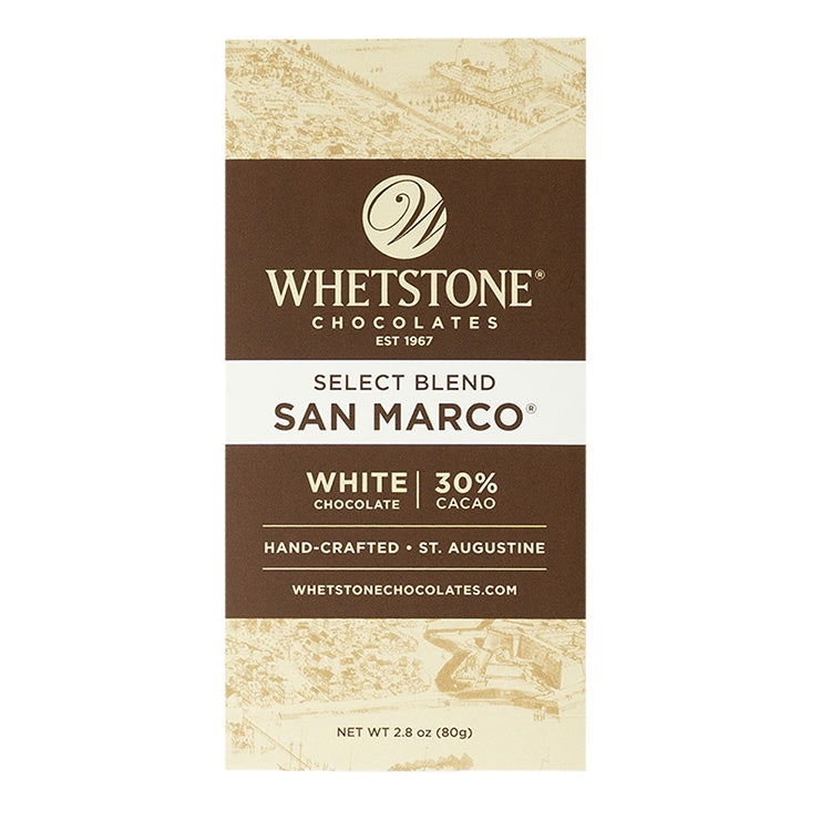 Whetstone Chocolates San Marco white chocolate bar packaging on a white background