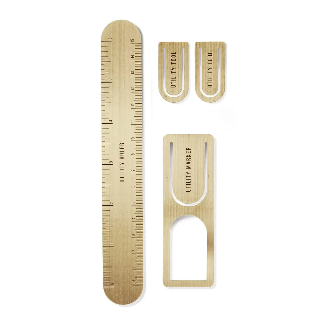 Set of bamboo utility ruler and marker on a white background