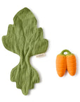 Green leaf-shaped toy and two orange carrot-shaped toys on a white background