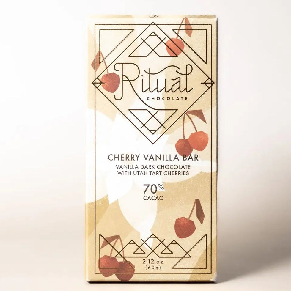 tan chocolate bar with design that says cherry vanilla bar