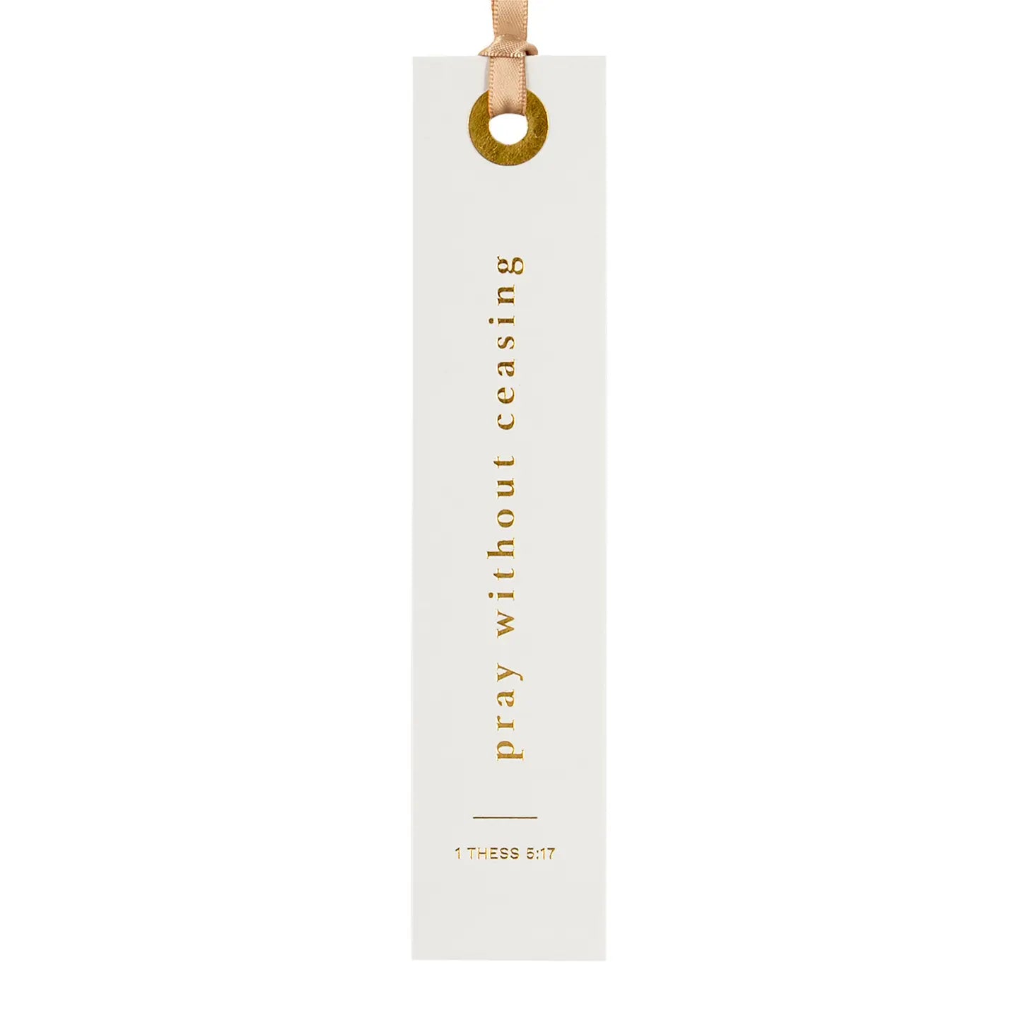White bookmark with gold text on a white background