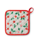 The cherry-patterned pot holder is displayed flat, highlighting the quilted cherry design, vibrant red trim, and practical loop for easy hanging.