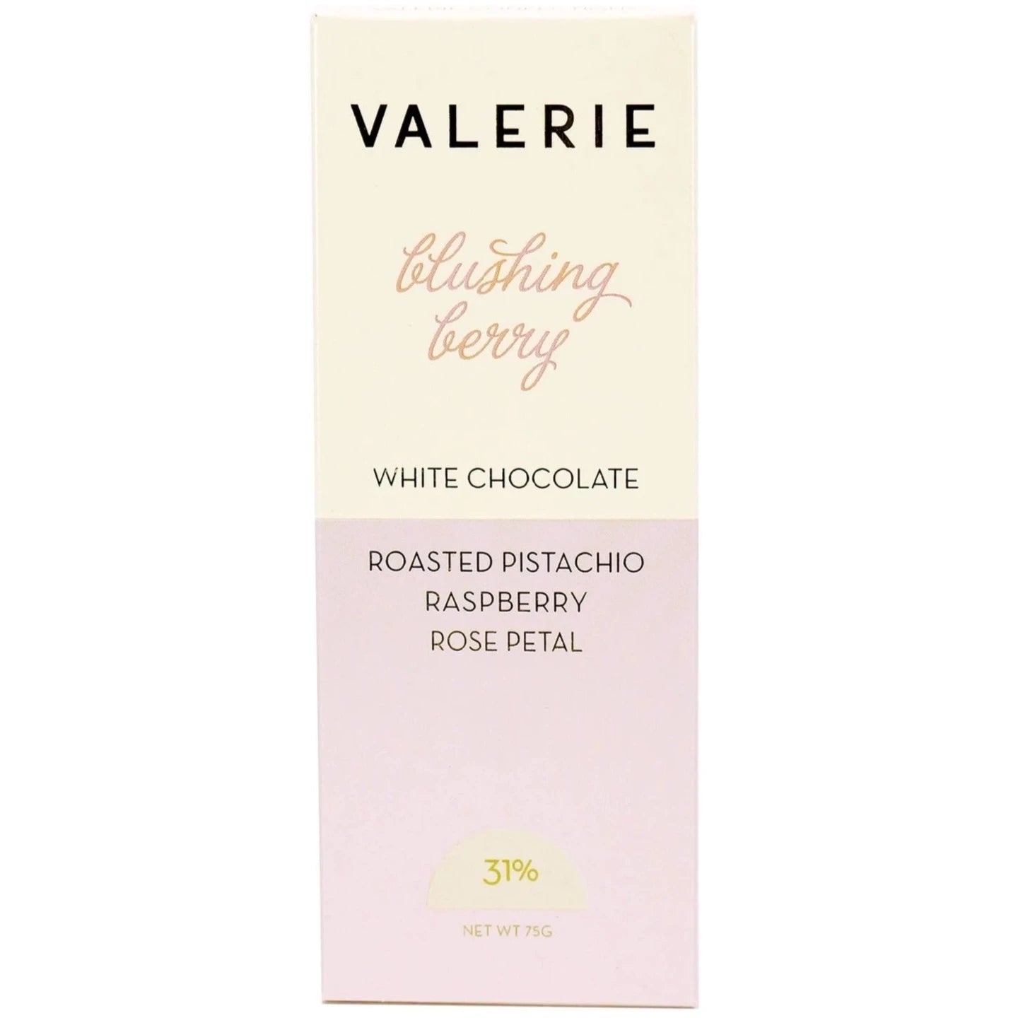 half white half pale pink packaging for chocolate bar. text on bar is black