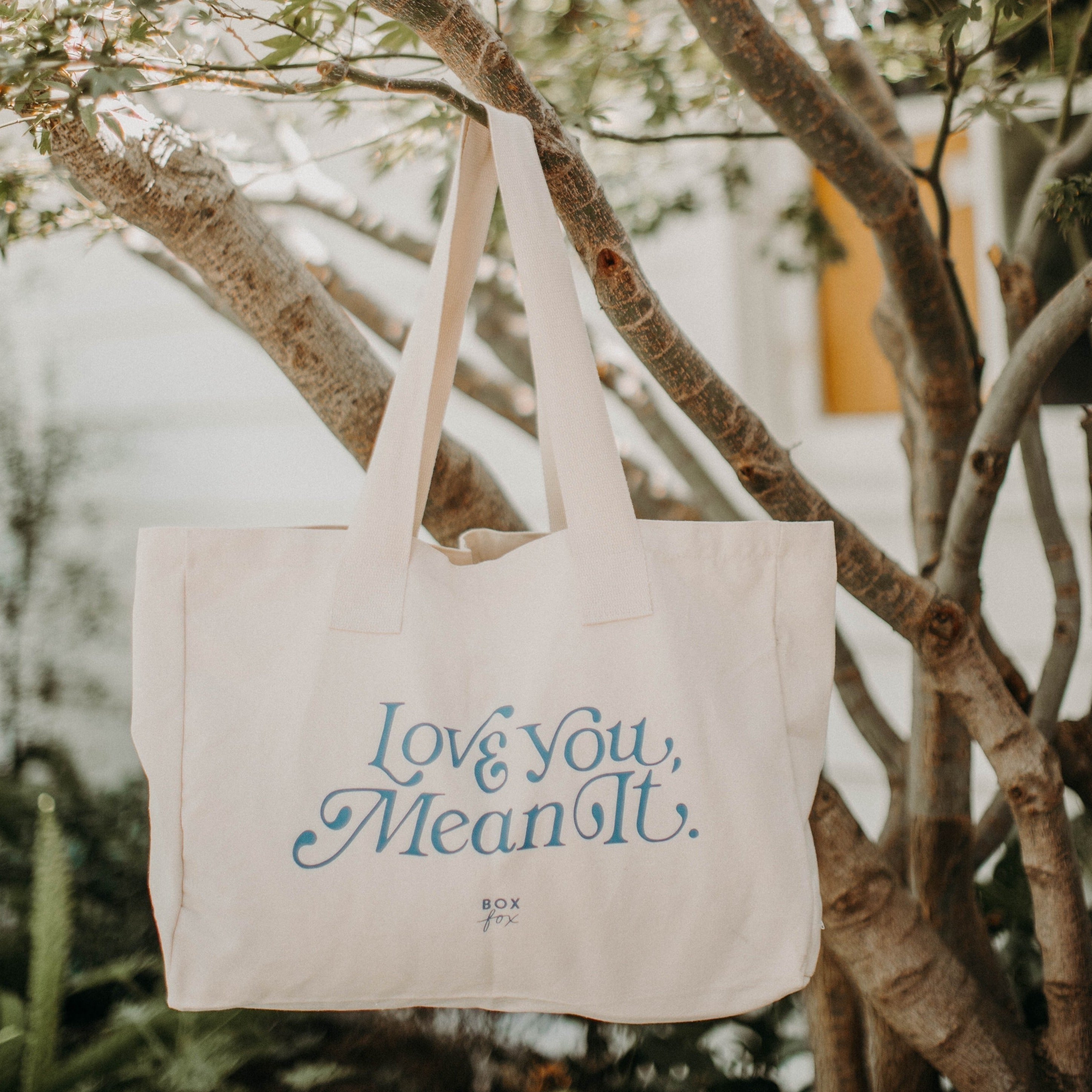 Tote hanging in tree reading love you mean it