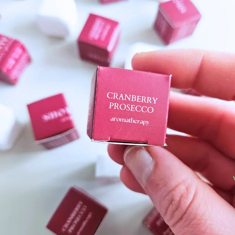 hand holding a maroon box that says cranberry prosecco 