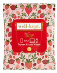 Pack of screen and lens wipes with strawberry pattern and 'well-kept' branding.