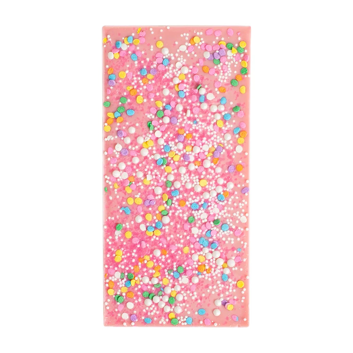 Pink towel with colorful confetti pattern on a white background