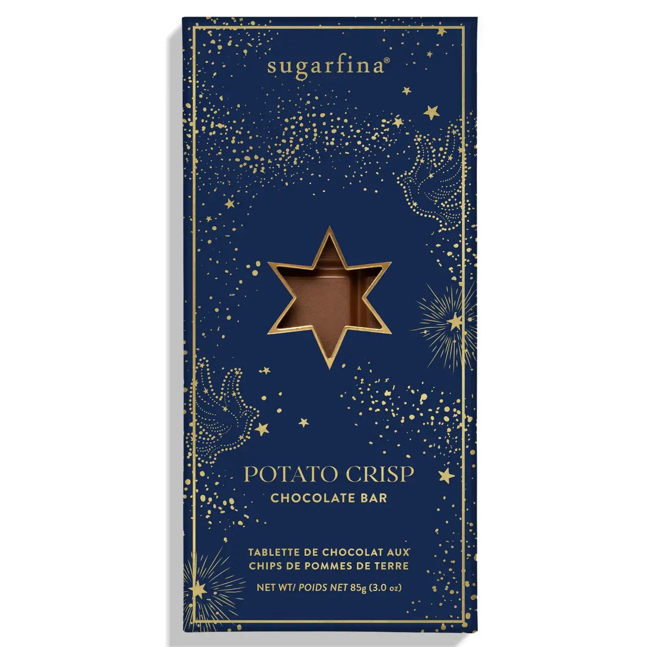 Sugarpina Potato Crisp chocolate bar packaging with star design on a blue background