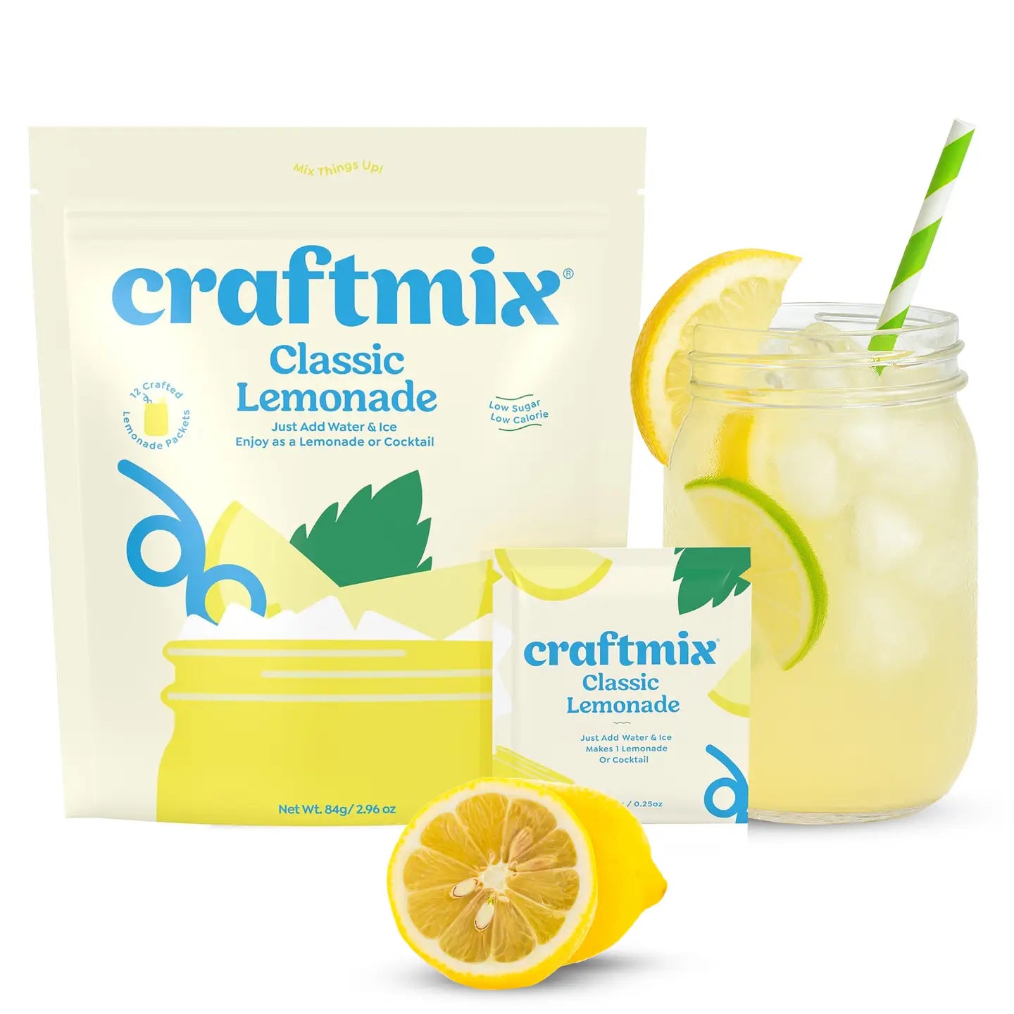 craftmix Classic Lemonade packaging with a lemon slice and a glass of lemonade.