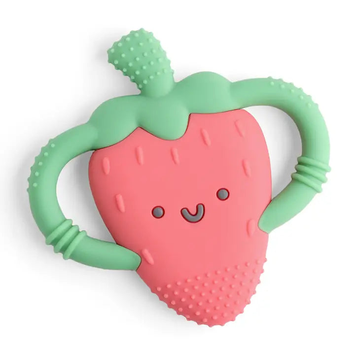 Strawberry-shaped teething toy with green handle on a white background