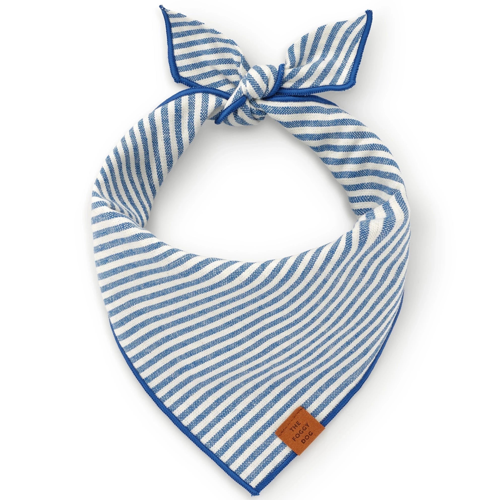 blue and white stripped dog bandana. Has blue hem and brown leather tag on the edge