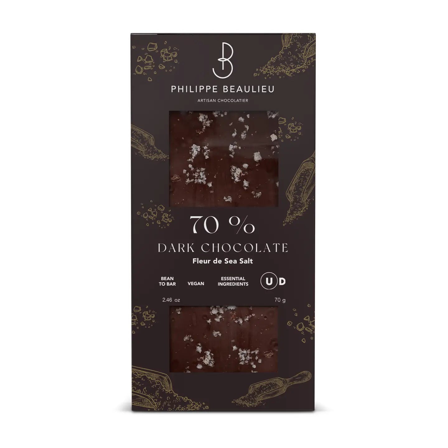 Dark chocolate packaging with sea salt by Philippe Beaulieu on a white background