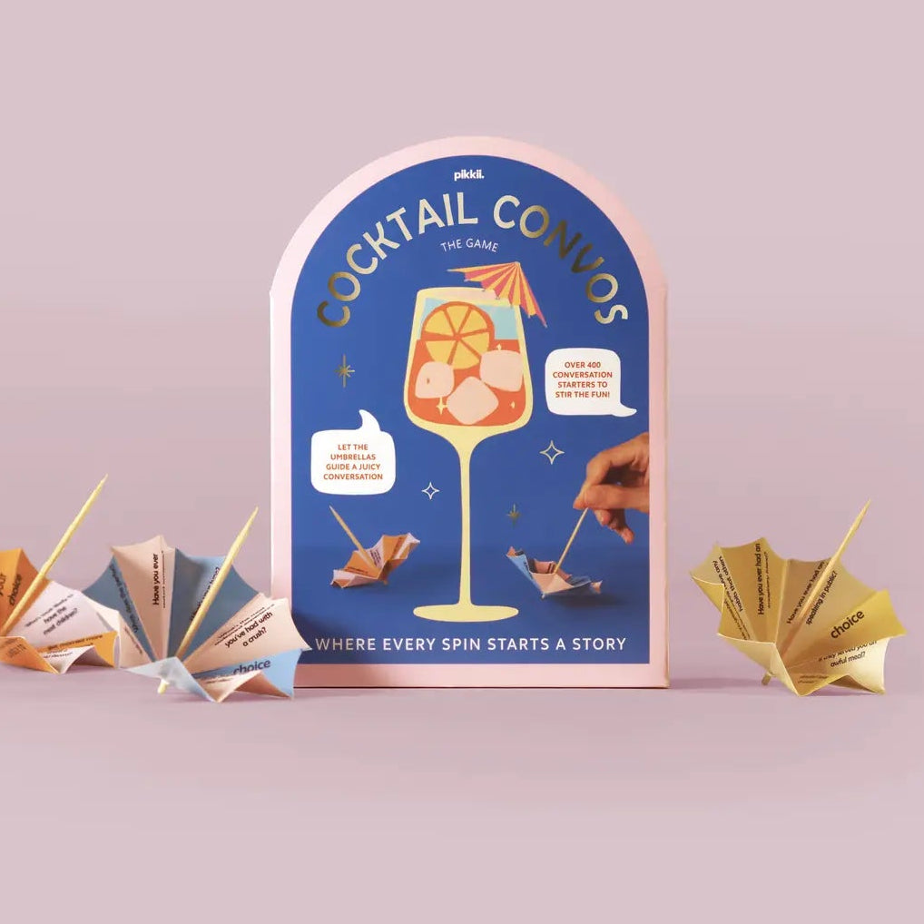 Cocktail Convo game packaging with cocktail-themed design on a light purple background