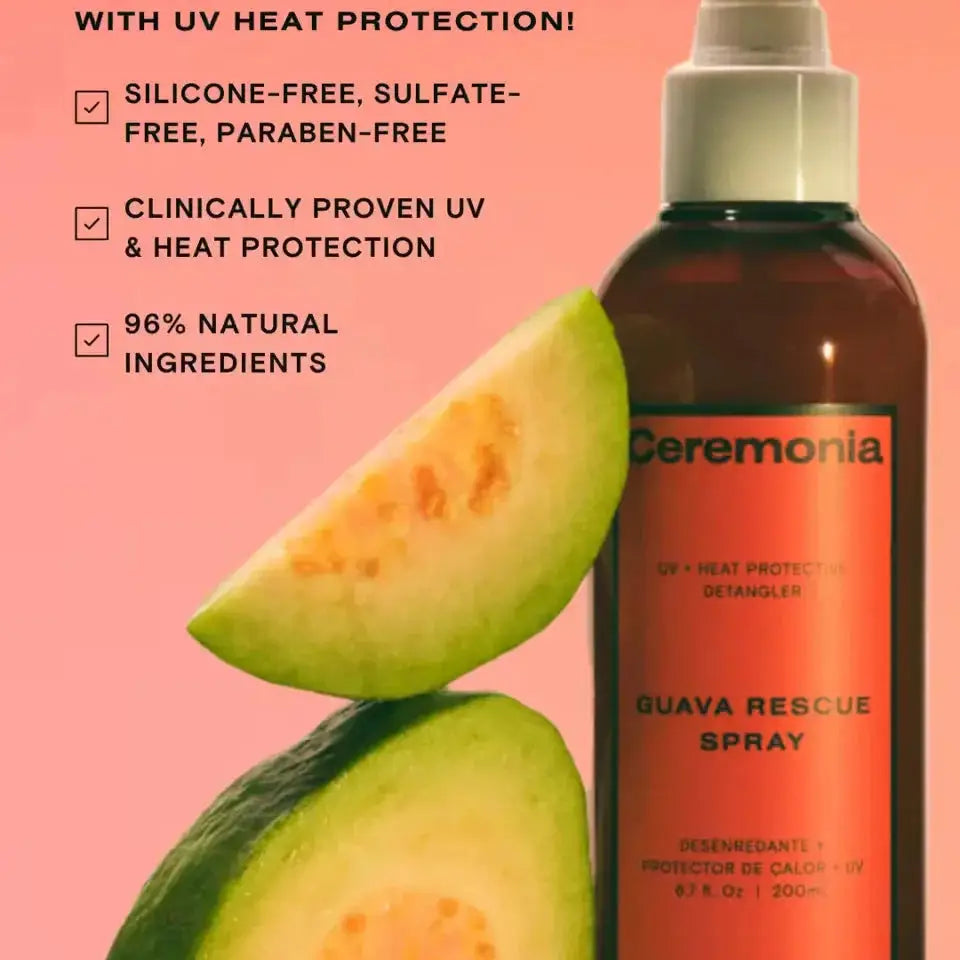Ceremonia Guava Rescue Spray bottle on a pink background with guava slices and promotional text about UV protection and natural ingredients.