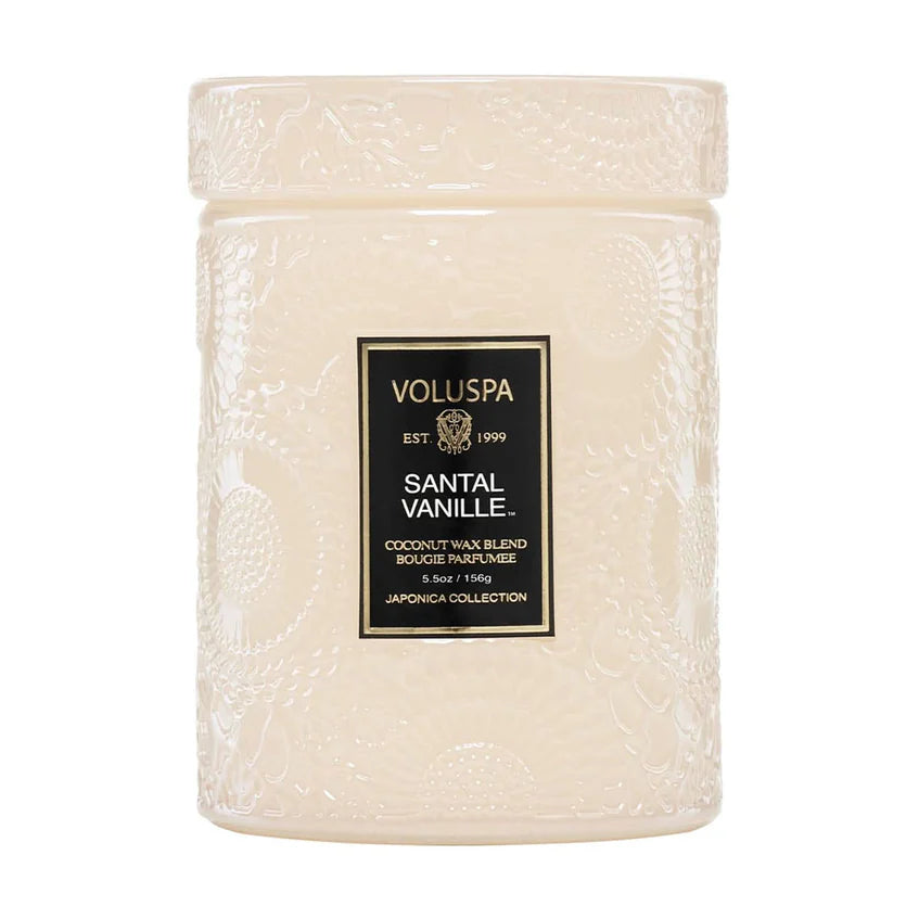 Voluspa Santal Vanille candle on a white background