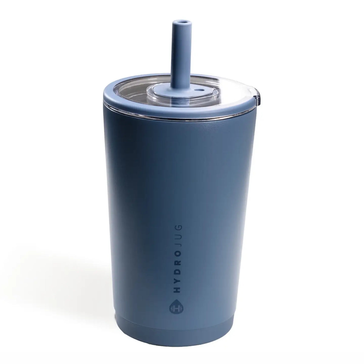 A matte slate blue HydroJug tumbler with a matching blue straw and clear lid, shown on a clean white background.