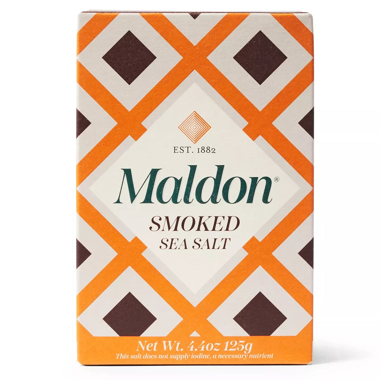Maldon Smoked Sea Salt packaging with geometric design on a white background