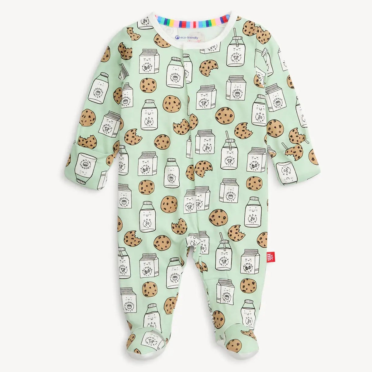 Children's onesie with cookie and milk pattern on a light green background