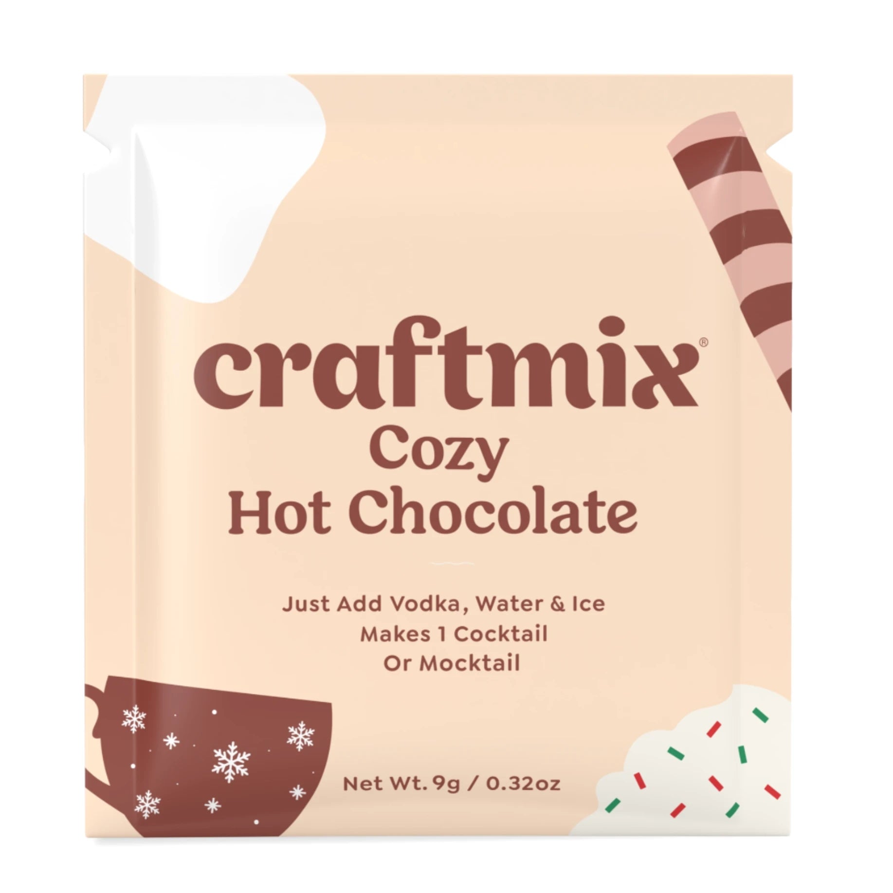 A single packet of Craftmix Cozy Hot Chocolate mix, with decorative illustrations of a hot chocolate cup, snowflakes, and holiday sprinkles. The packet reads 'Just Add Vodka, Water & Ice. Makes 1 Cocktail or Mocktail