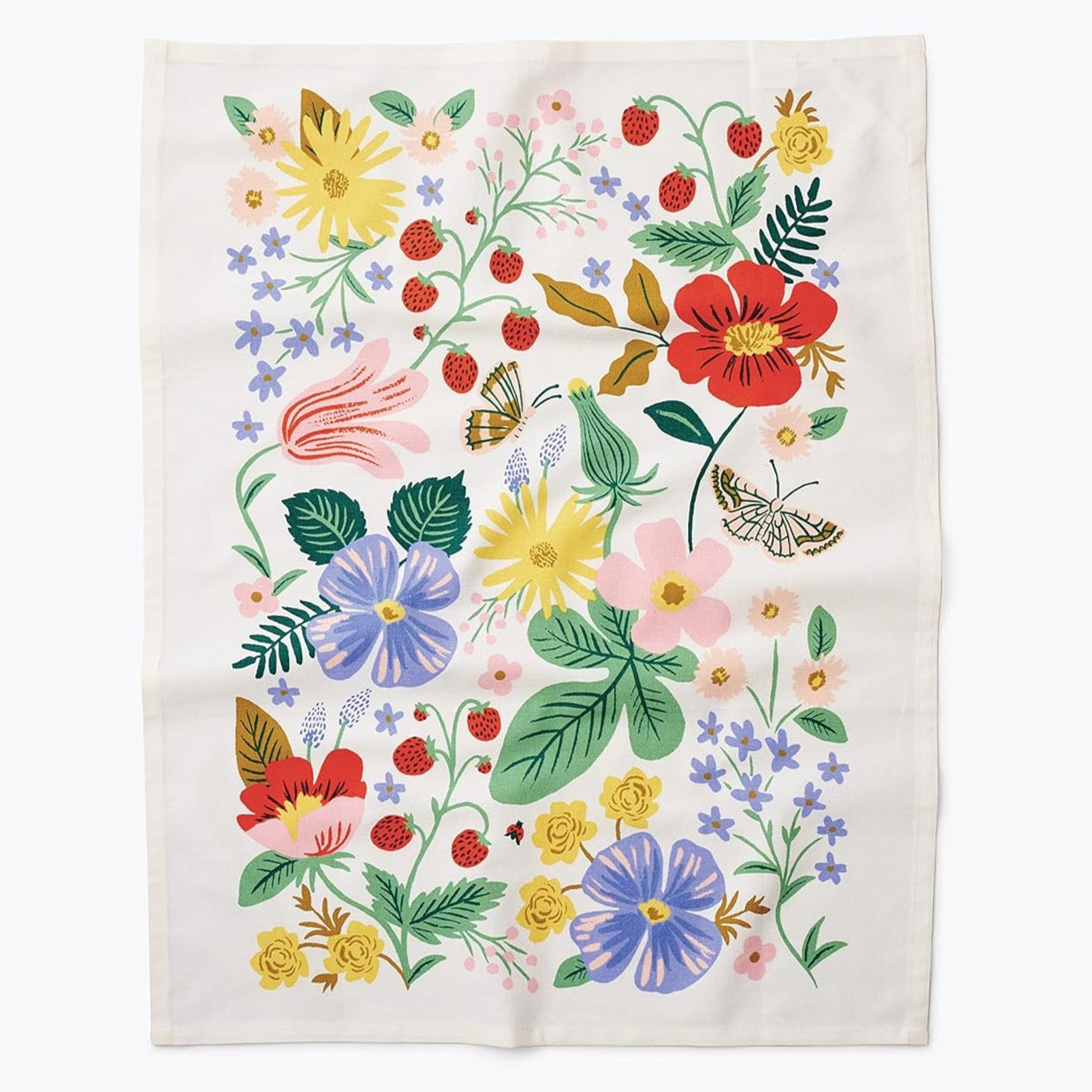 white colorful printed tea towel with various flowers and butterflies