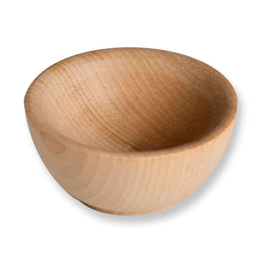 A small, round wooden bowl with a smooth, polished finish and visible wood grain, shown on a plain white background with a soft drop shadow.