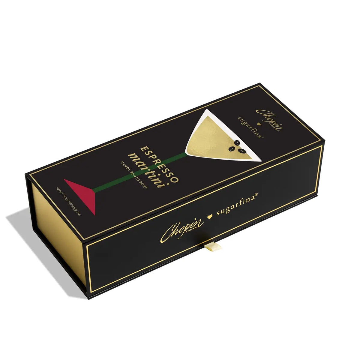 A black espresso martini gift box by Chopeia x sugarfina, featuring a gold martini glass graphic and gold lettering, shown on a white background with a soft shadow.