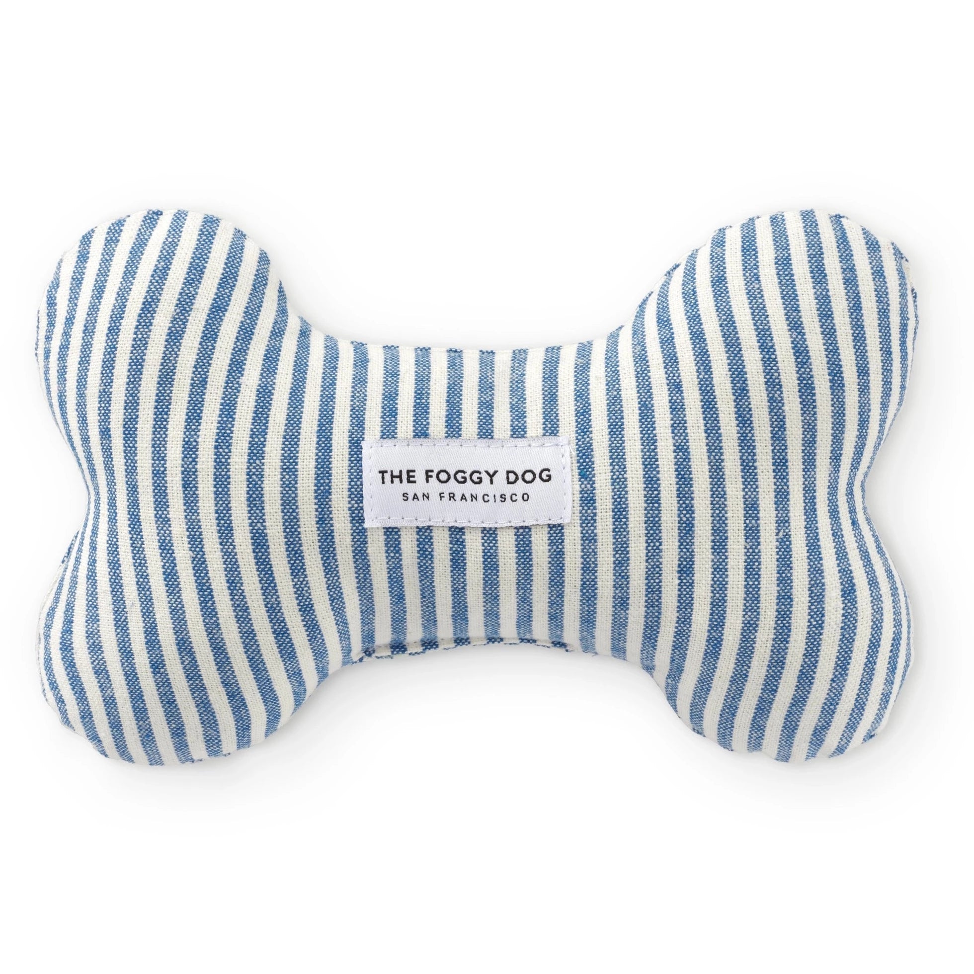blue and white striped dog squeaky bone shaped toy. has white logo tag in the center with black text