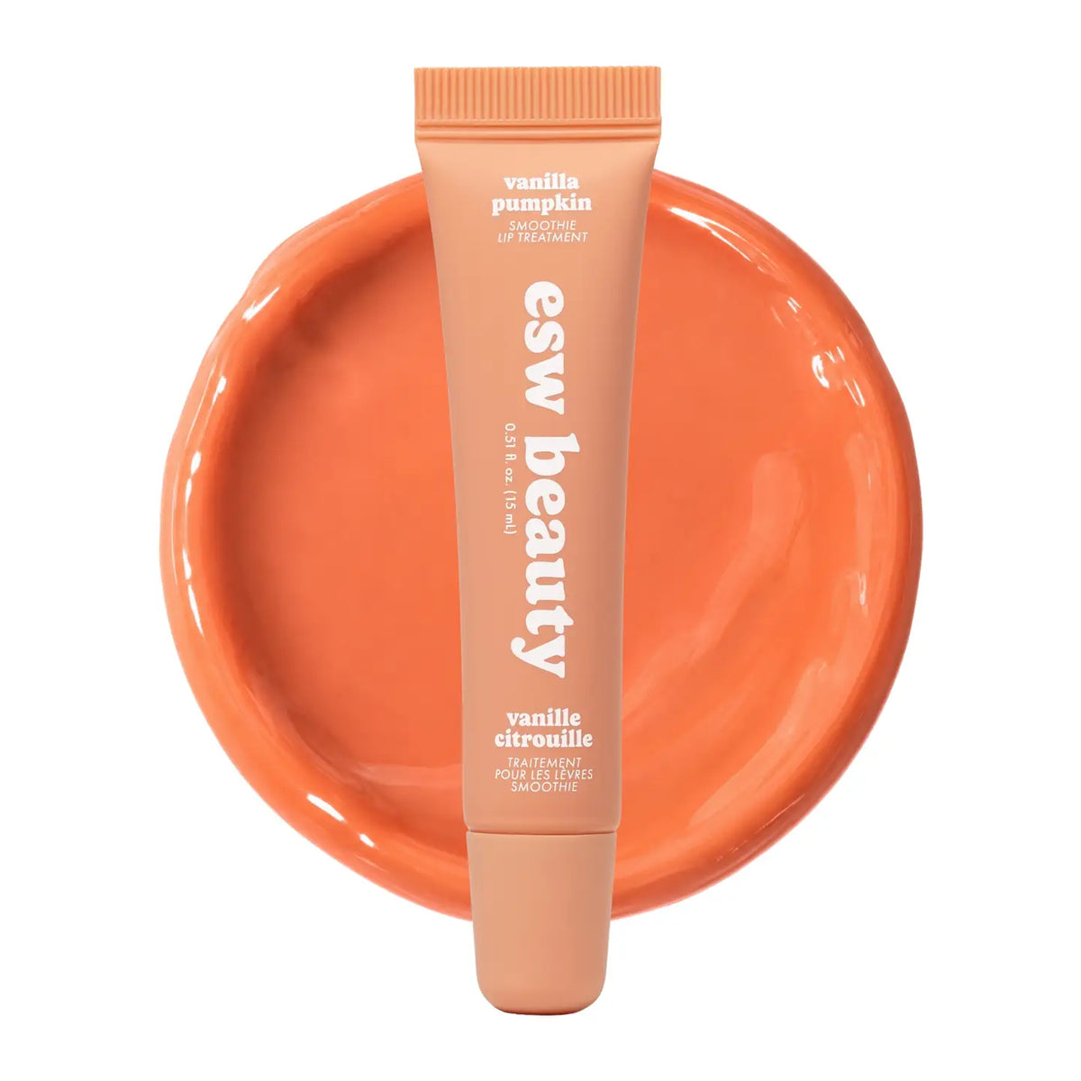 Cosmetic tube labeled 'esw beauty' on an orange background