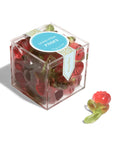 red rose gummy with green stem in clear plastic box